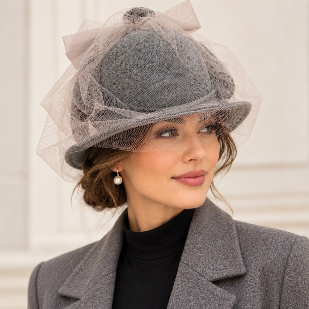 Vintage New York Hat Co Gray 100% Wool Veiled Cloche Hat WPL 5922